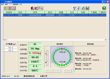 HDL-600型自動(dòng)測硫儀工作畫(huà)面